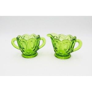 LE Smith Moon & Stars Avocado Green Glass Cream & Open Sugar Set Pair